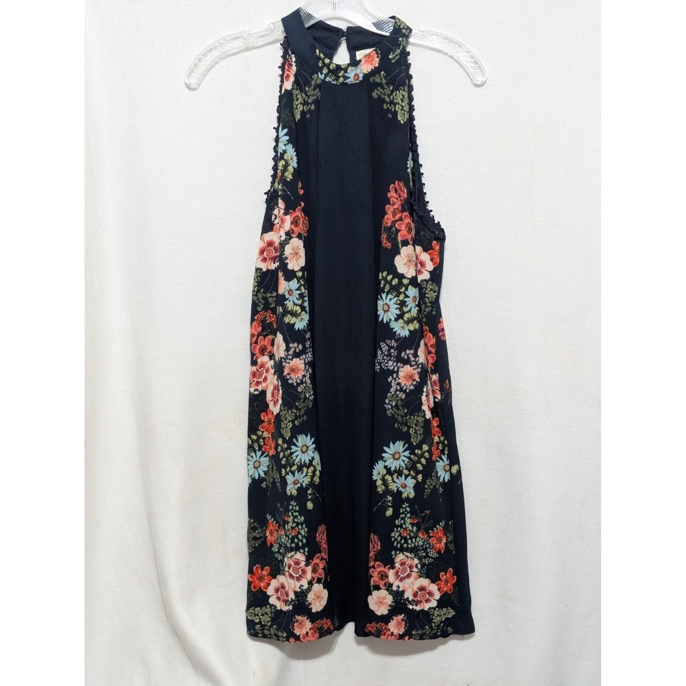 Taylor & Sage Navy Blue Floral Halter Neck Mini Dress Pom Pom Trim Women Small